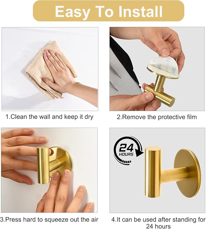 Adhesive Hooks Brushed Gold SUS304 Stainless Steel Towel 4 Pack