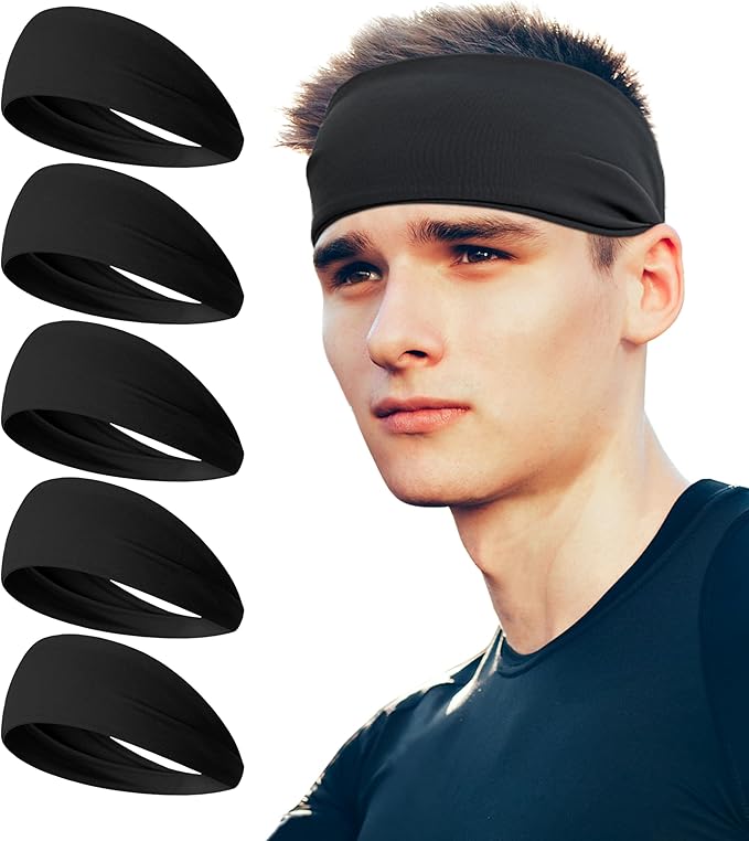 HiRui Headbands for Men Women (5Pack), Running Headbands Moisture Wicking Workout Sweatband Sports Headband for Cycling Basketball Yoga Fitness