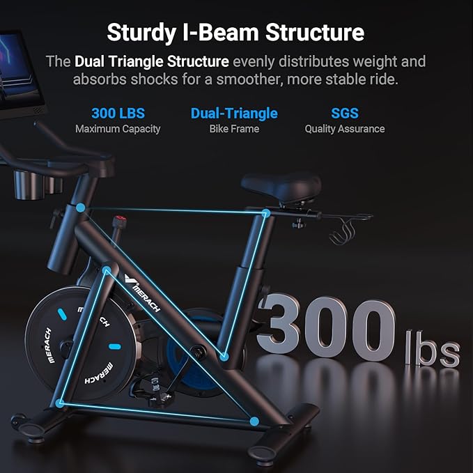 MERACH Exercise Bike, Brake Pad Stationary Bike with Exclusive App, Low Noise Indoor Cycling Bike with 300lbs Weight Capacity, Tablet Mount and Fitness Courses for Weight Loss