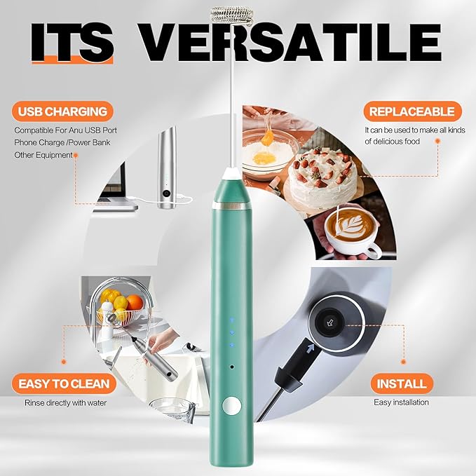 Milk Frother Rechargeable Handheld Electric Whisk Coffee Frother Mixer with 3 Stainless whisks 3 Speed Adjustable Foam Maker Blender for Coffee Matcha Latte Cappuccino Hot Chocolate(Green)