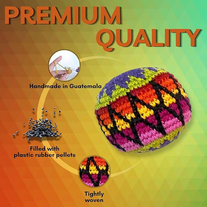 Mia Jewel Shop - Kick Ball Foot Bag | Assorted Crochet Hacky Sacks for Adults | Juggling Balls for Beginners | Punching Bag | Multicolored Geometric Pattern | Handmade Guatemalan Crafts