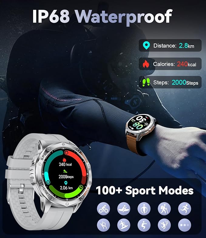 LIGE GPS Military Smart Watch for Men, LED Flashlight/Compass/45 Days Battery/IP68 Waterproof 1.43'' AMOLED Smartwatch, 100+ Sports Modes Fitness Smart Watch, Rugged Smart Watches for Android iOS