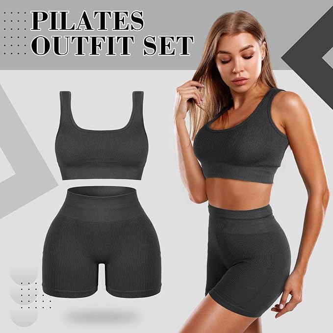 4 Pcs Women's Workout Sets Pilates Exercise Outfit Ribbed Scoop Neck Sports Bra Shorts Leggings Gym Clothes Set