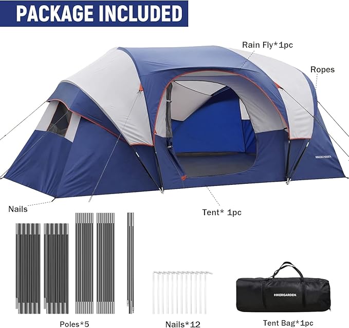 HIKERGARDEN 10 Person Camping Tent - Portable Easy Traveling-14'x11'x74in(H)