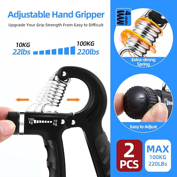 2PCS Grip Strength Trainer with 22-220Lbs (10-100kg) Adjustable Resistance