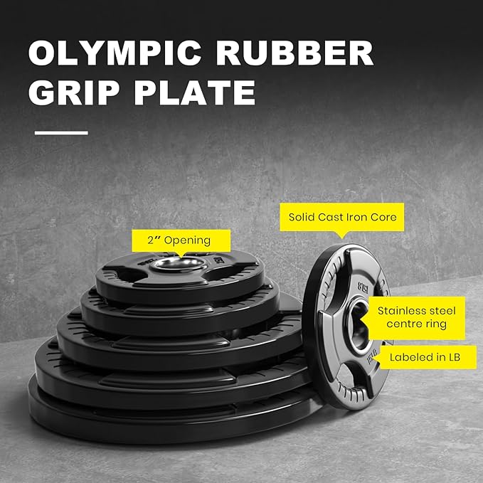 LIONSCOOL 2-Inch Rubber Olympic Grip Weight Plates (2.5-45LB), One