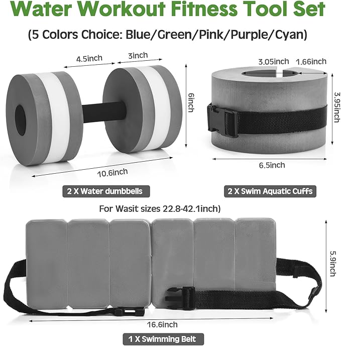 5 Pcs Aquatic Exercise Set Including 2 Ankle Swimming Weights 2 Lightweight Aquatic Exercise Dumbbells and Swim Belt Pool Exercise Equipment for Aquatic Aerobics Exercise