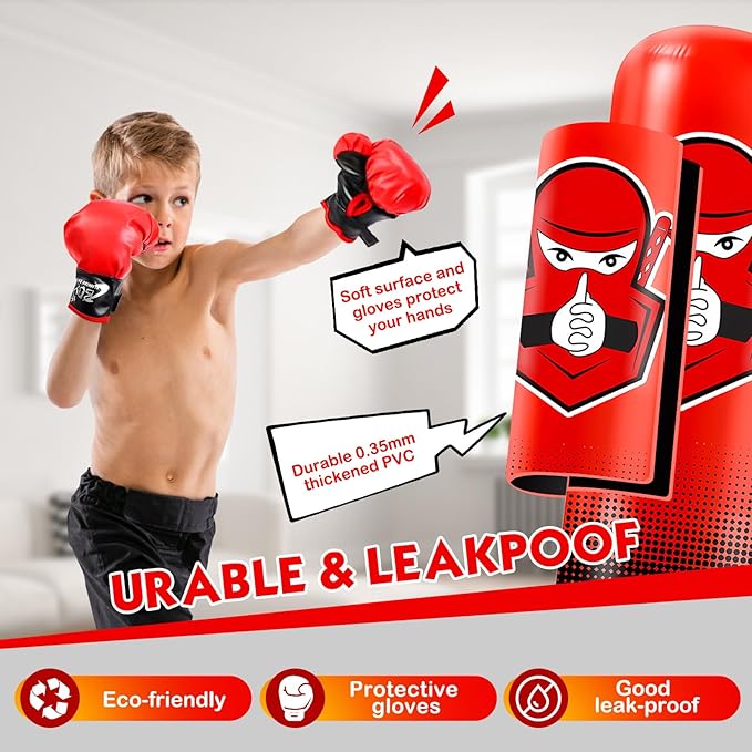 66 Inch Inflatable Kids Punching Bag with Boxing Gloves, Freestanding Boxing Bag, Stand Kids Punching Bag Toy, Bounce-Back Bag Gifts for Kids, Girls, Boxing Set for Practicing Karate, Taekwondo, MMA