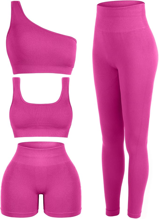 4 Pcs Women's Workout Sets Pilates Exercise Outfit Ribbed Scoop Neck Sports Bra Shorts Leggings Gym Clothes Set