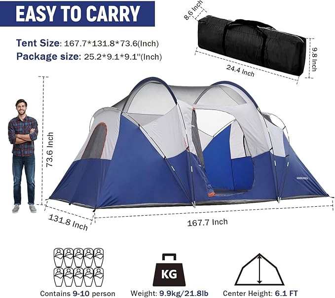 HIKERGARDEN 10 Person Camping Tent - Portable Easy Traveling-14'x11'x74in(H)