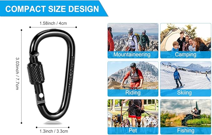 10 Pack Aluminum D Ring Key Rings Hiking Clips Locking Carabiner for Hiking Camping Fishing and Outdoor Use,Clips with Screw Gate Multicolored