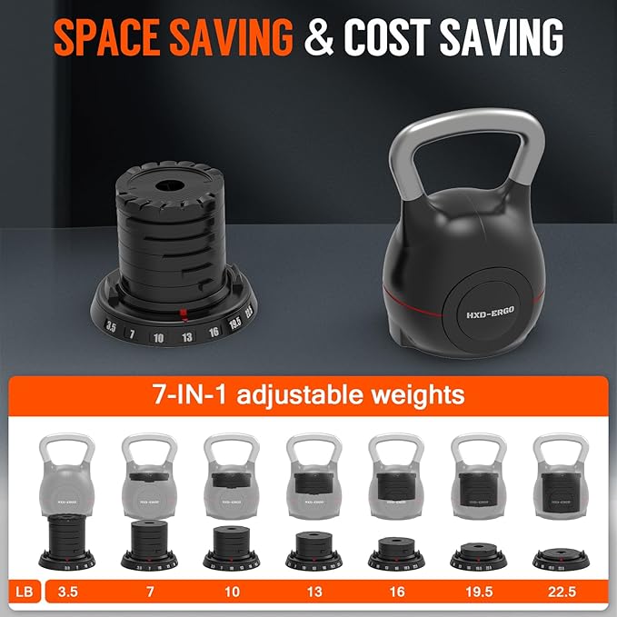 7-in-1 Adjustable Kettlebell, Quick-Adjust Kettlebell for Strength Training, 5-44 LBS Adjustable Weights for Home Gym