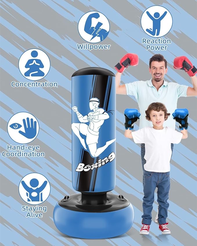 66 Inch Inflatable Kids Punching Bag with Boxing Gloves, Freestanding Boxing Bag, Stand Kids Punching Bag Toy, Bounce-Back Bag Gifts for Kids, Girls, Boxing Set for Practicing Karate, Taekwondo, MMA
