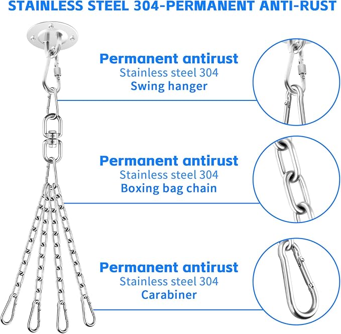 360 Rotation Heavy Bag Chain, Punching Bag Hanger With Stainless Steel Swivel Chain and 4 Snap Hooks, Mount for Hammock, Gym Swing, Yoga Swing, Trapeze