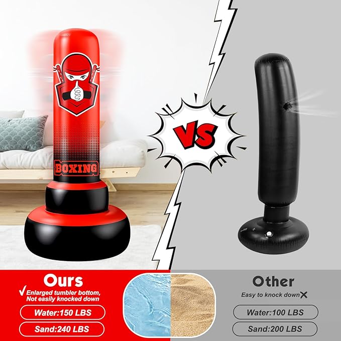66 Inch Inflatable Kids Punching Bag with Boxing Gloves, Freestanding Boxing Bag, Stand Kids Punching Bag Toy, Bounce-Back Bag Gifts for Kids, Girls, Boxing Set for Practicing Karate, Taekwondo, MMA