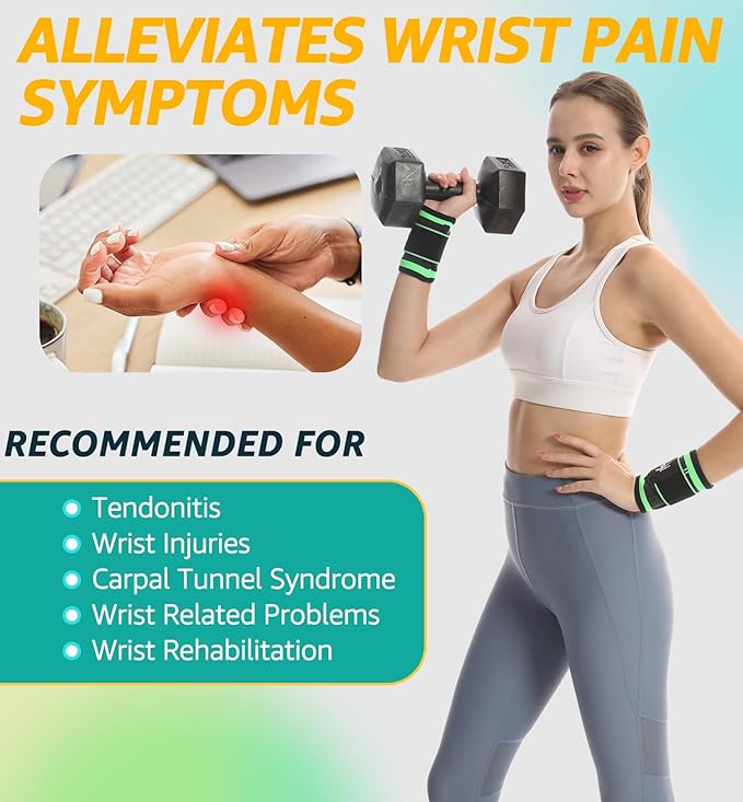 HiRui Wrist Brace Wrist Wraps Compression Wrist Strap, Wrist Support for Work Fitness Weightlifting Sprains Tendonitis, Carpal Tunnel Arthritis, Pain Relief, Adjustable Wristbands 2 PACK (Green, XL)
