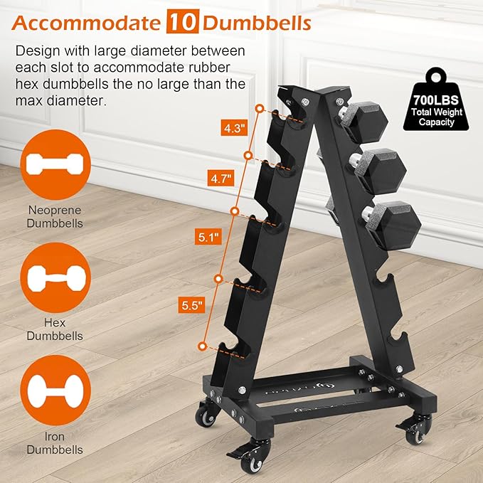 700LBS Weight Capacity Large Dumbbell Rack Stand, Premium Solid Steel A-Frame Dumbbell Rack with Optional Tray and Wheel, Weight Storage Organizer Rack for Dumbbell Set, Perfect for Home Gym Storage
