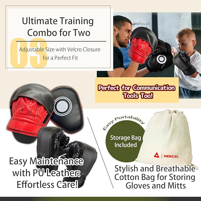 MERCIEL Pro Training Boxing Gloves and Boxing Punching Mitts for Adults – Comprehensive Boxing Set Adult Men and Women for Training, Muay Thai, MMA, Kickboxing, and Heavy Bag Work