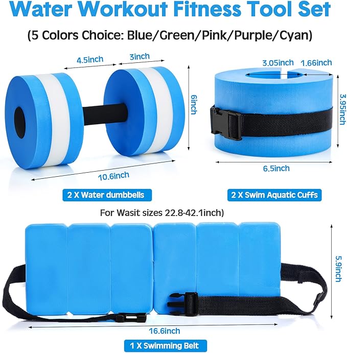5 Pcs Aquatic Exercise Set Including 2 Ankle Swimming Weights 2 Lightweight Aquatic Exercise Dumbbells and Swim Belt Pool Exercise Equipment for Aquatic Aerobics Exercise