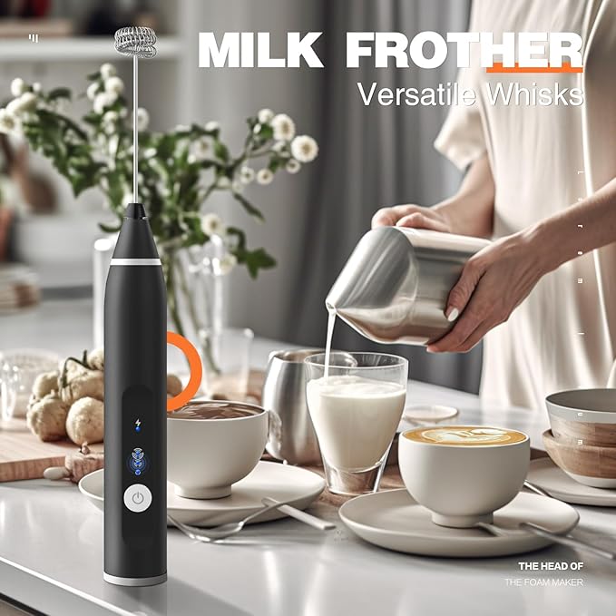 Milk Frother Rechargeable Handheld Electric Whisk Coffee Frother Mixer with 2 Stainless whisks 3 Speed Adjustable Foam Maker Blender for Coffee Matcha Latte Cappuccino Hot Chocolate(Black)
