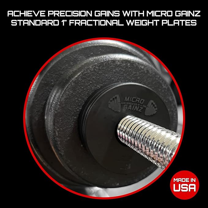 Micro Gainz Standard 1-Inch Center Hole Weight Plates, Set of 2 Black Fractional Plates Choose Set (.25LB-1.25LB), Designed for Standard 1-inch Barbells & Dumbbells, Made In USA