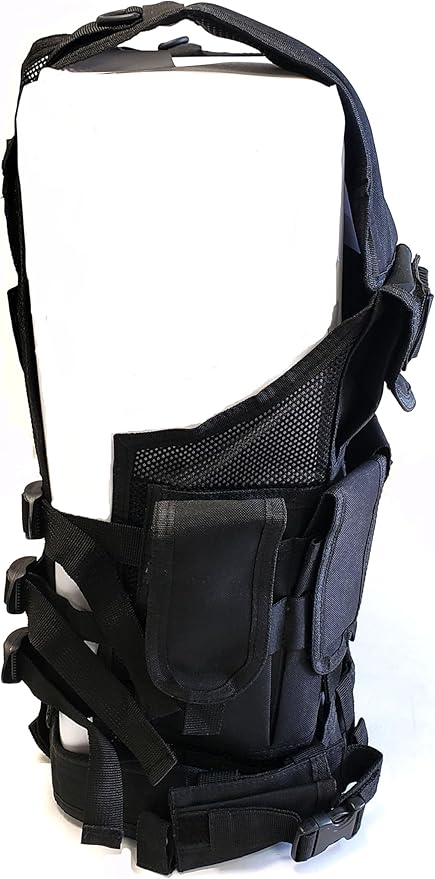 Light Weight Upgraded Tactical Airsoft or Paintball Vest - Duty Belt, Pistol Holster, 9 Pouches - Black