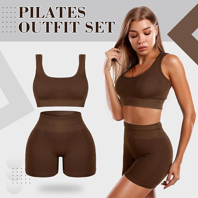 4 Pcs Women's Workout Sets Pilates Exercise Outfit Ribbed Scoop Neck Sports Bra Shorts Leggings Gym Clothes Set