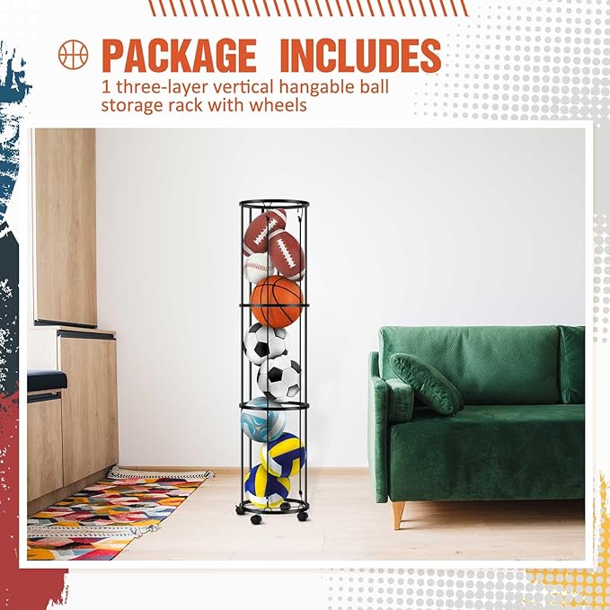 3 Layer Garage Vertical Ball Rack Rolling Basketball