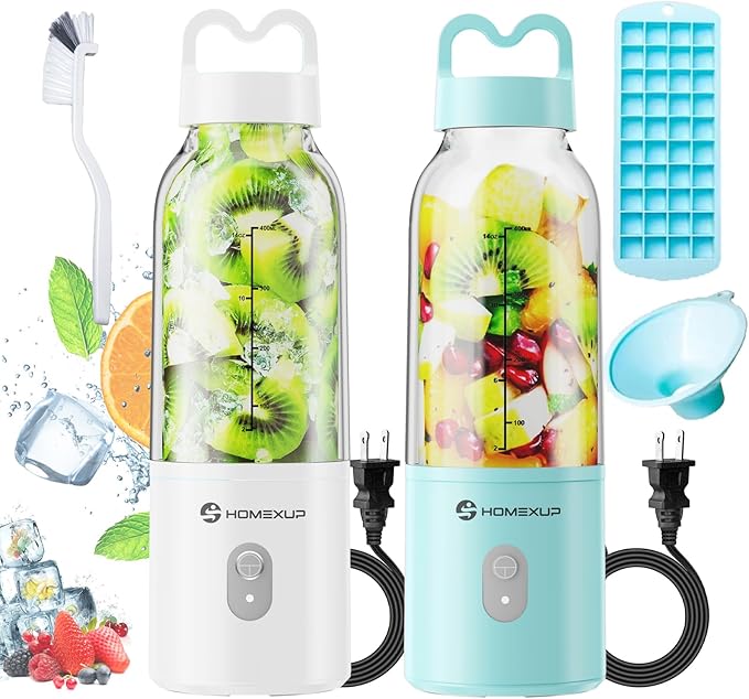 2PCS Portable Personal Blender 17 OZ/500 ML Juicer, 175W Personal Size Blender, Ideal for Smoothies, Ice Blending, Juicing, and Food Processing, Compact, Convenient, and Versatile(Blue&White)