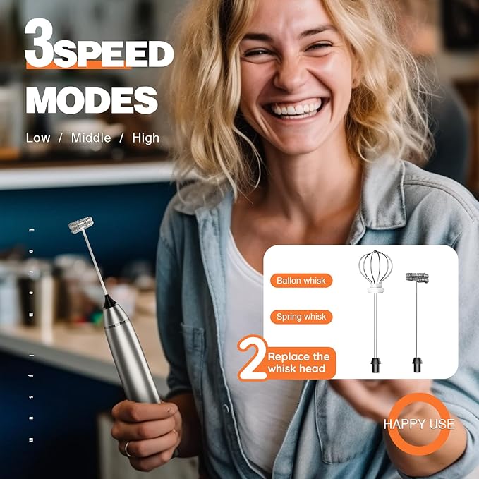 Milk Frother Rechargeable Handheld Electric Whisk Coffee Frother Mixer with 2 Stainless whisks 3 Speed Adjustable Foam Maker Blender for Coffee Matcha Latte Cappuccino Hot Chocolate(Gray)