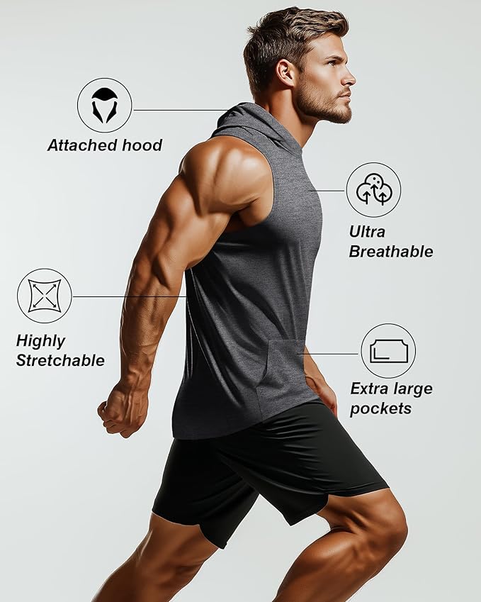 3 Pack Men's Big & Tall Workout Hooded Tank Tops, Cotton Sleeveless Gym Hoodies Bodybuilding Muscle Cut Off Shirts