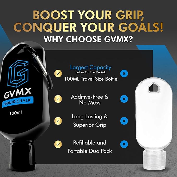 50ML/100ML/400ML Superior Grip Premium Liquid Chalk. Long Lasting Mess-Free Gym Chalk for Weightlifting, Gymnastics, Climbing. Fast Drying Refillable Gym Accessories. Package May Vary.