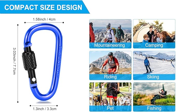 10 Pack Aluminum D Ring Key Rings Hiking Clips Locking Carabiner for Hiking Camping Fishing and Outdoor Use,Clips with Screw Gate Multicolored