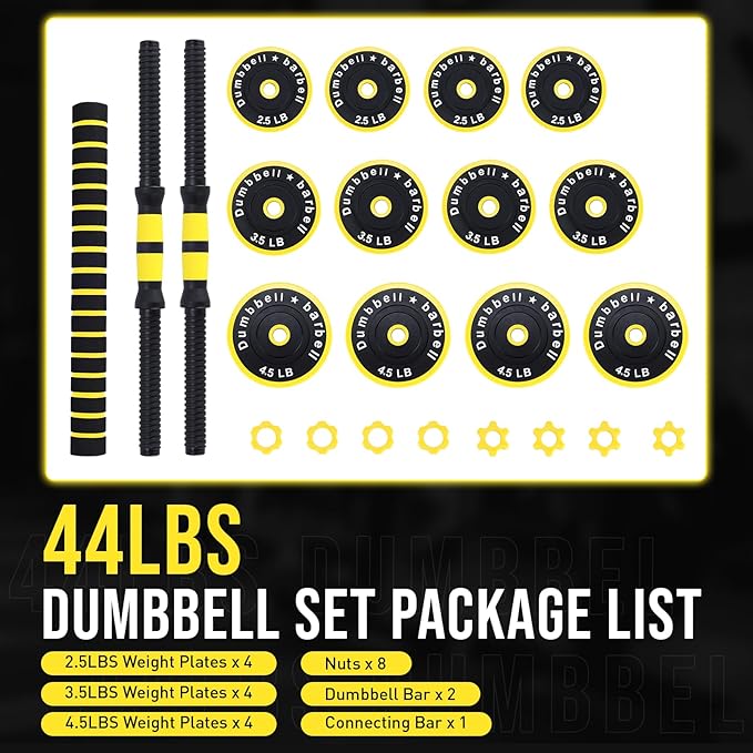 2-In-1 Adjustable Dumbbell Set, Dumbbell and Barbell Set, Yellow