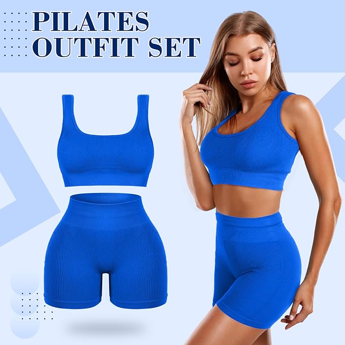 4 Pcs Women's Workout Sets Pilates Exercise Outfit Ribbed Scoop Neck Sports Bra Shorts Leggings Gym Clothes Set