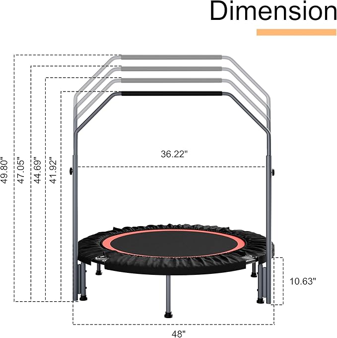 40"/48" Foldable Mini Fitness Rebounder with Adjustable Foam Handle, Max Load 330/440 lbs, Indoor Cardio Exercise Rebounder for Adults