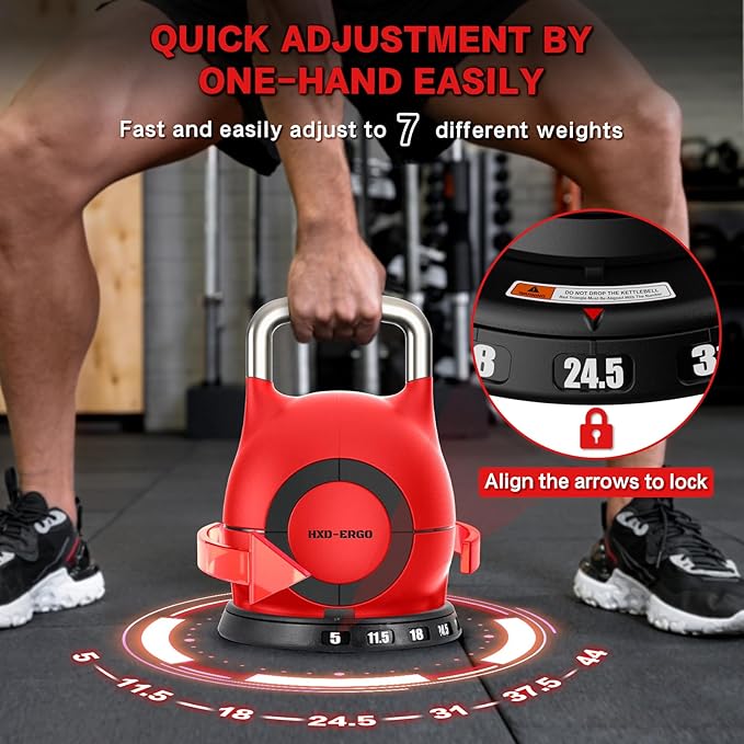 7-in-1 Adjustable Kettlebell, Quick-Adjust Kettlebell for Strength Training, 5-44 LBS Adjustable Weights for Home Gym