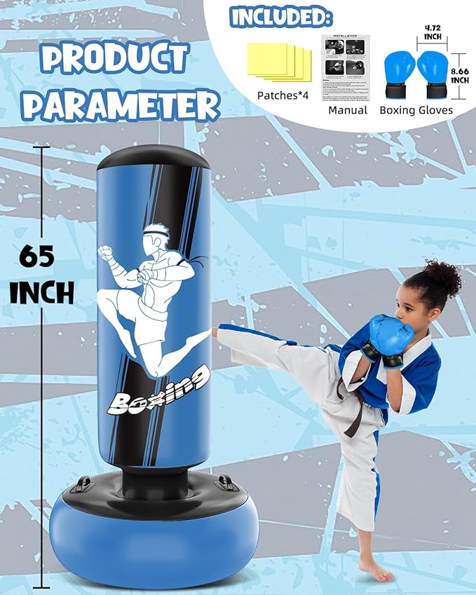 66 Inch Inflatable Kids Punching Bag with Boxing Gloves, Freestanding Boxing Bag, Stand Kids Punching Bag Toy, Bounce-Back Bag Gifts for Kids, Girls, Boxing Set for Practicing Karate, Taekwondo, MMA
