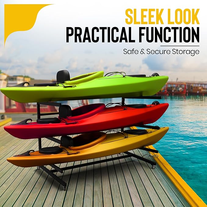 Heavy Duty Freestanding Kayak Storage Rack | 3 Tier Rack for Kayaks, Canoes, or SUPs | Adjustable Outdoor Kayak Storage | Indoor/Outdoor Weather Resistant Water Sports Storage Rack