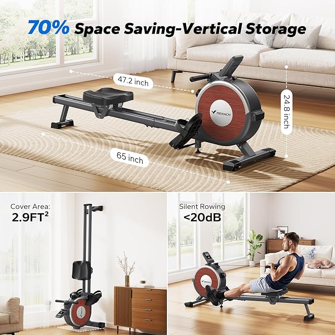 MERACH Rowing Machine, Magnetic Rower Machine for Home, 16 Levels of Quiet Resistance, Dual Slide Rail with Max 350lb Weight Capacity, App Compatible
