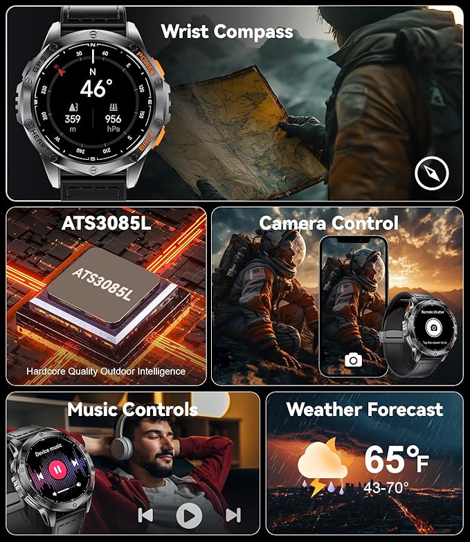 LIGE GPS Military Smart Watch for Men, LED Flashlight/Compass/45 Days Battery/IP68 Waterproof 1.43'' AMOLED Smartwatch, 100+ Sports Modes Fitness Tracker, Rugged Smart Watches for Android iOS