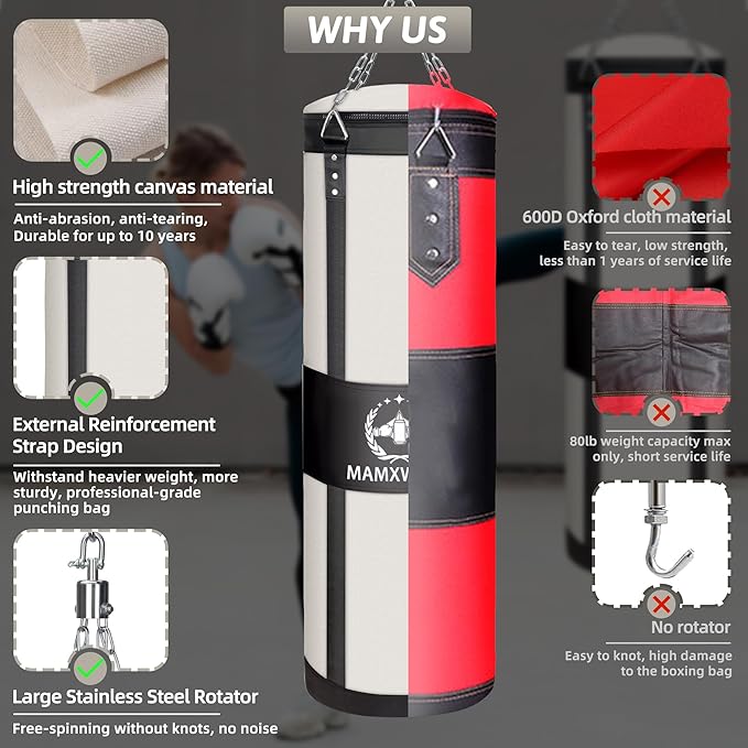 4FT Canvas Punching Bags for Adults, Hanging Heavy Boxing Bag for Kickboxing Karate Taekwondo Muay Thai Training, Max Load-Bearing 180 Lbs (Unfilled)