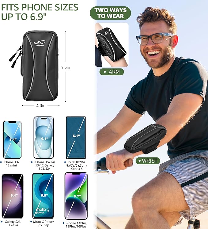 HiRui Arm Bag & Wrist Bag Phone Holder, Sports Running Armband for Gym, Cycling & Workout, Compatible with iPhone 16/15/14 Series, Samsung Galaxy & More, Reflective, Adjustable, Secure Fit (Black)