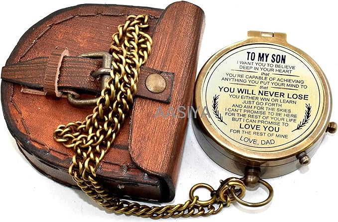 AASIYA Brass Chain Compass with Leather Case
