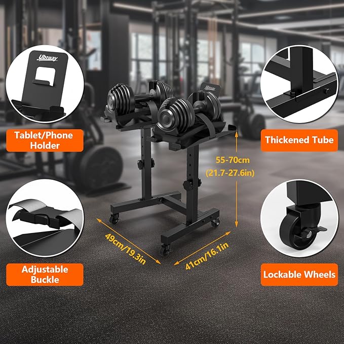 Adjustable Dumbbell Stand - Uboway Weight Stand with 4 Level Height Adjustment, Dumbbell Weight Rack with Tablet Holder and Durable Casters, Weight Holder for Adjustable Dumbbell Set, Home Gym Fitness (Bonus Foot Pads)