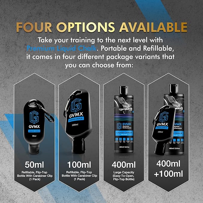50ML/100ML/400ML Superior Grip Premium Liquid Chalk. Long Lasting Mess-Free Gym Chalk for Weightlifting, Gymnastics, Climbing. Fast Drying Refillable Gym Accessories. Package May Vary.