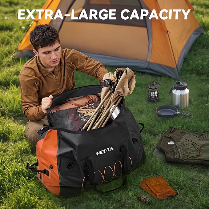 HEETA Waterproof Duffel Bag Motorcycle Dry Bag Backpack, 60L/80L Extra Large Rolltop Travel Duffle Bags with Straps & Handles for Kayaking Rafting Boating Canoeing Camping Gym Beach Cruise Ship