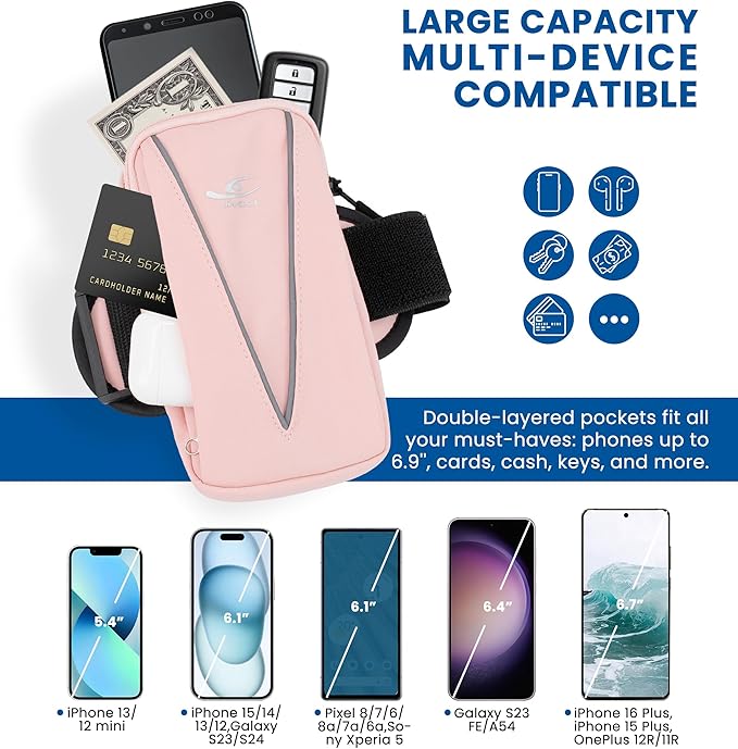HiRui Cell Phone Holder Arm Bag & Wrist Bag for Phone, Sports Running Armband for Gym & Cycling, Compatible with iPhone 16/16Pro/Plus/15/14 Samsung Galaxy All Phones, Reflective & Adjustable (Pink)