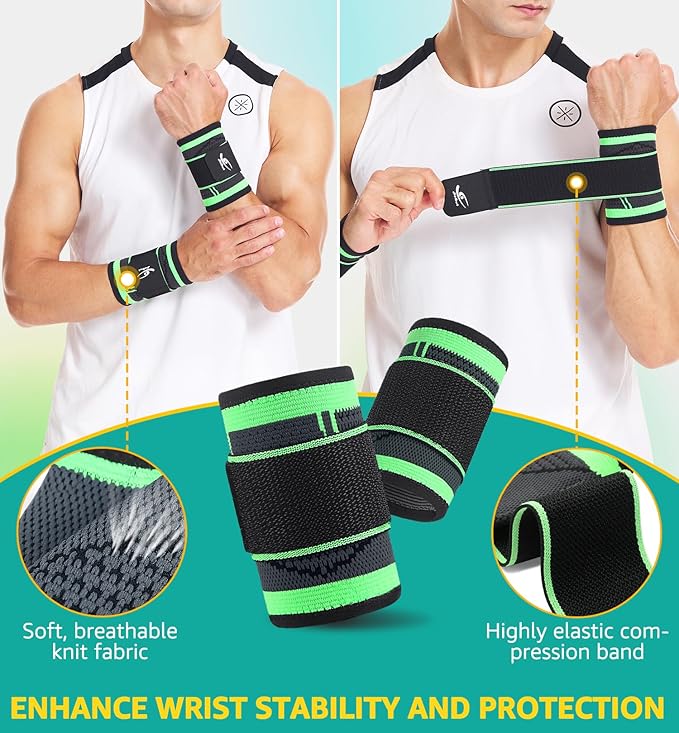 HiRui Wrist Brace Wrist Wraps Compression Wrist Strap, Wrist Support for Work Fitness Weightlifting Sprains Tendonitis, Carpal Tunnel Arthritis, Pain Relief, Adjustable Wristbands 2 PACK (Green, M)