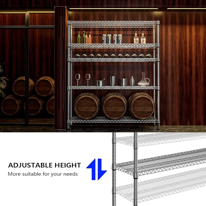 5 Tier Storage Rack Metal Wire Shelving Unit, Storage Standing Shelf Organizer for Laundry Bathroom Kitchen Pantry Closet Garage Basement Utility Room, Chrome 17.7" D x 59.1" W x 70.4" H